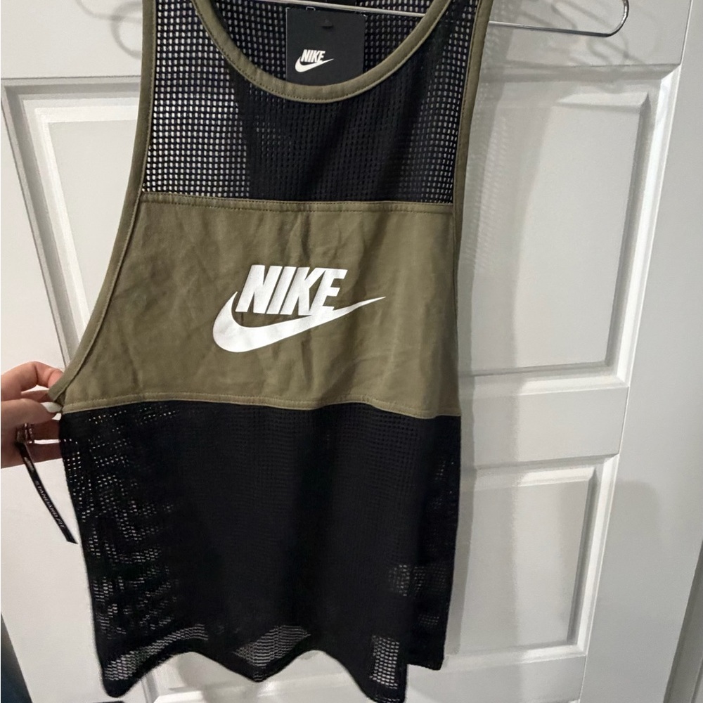 Nike Olive Green and Black Mesh Athletic Tank with White Logo - Picture 2 of 3